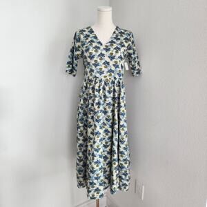 Vintage Handmade White Blue Floral Midi Dress V-Neck Short Sleeve A Line XS
